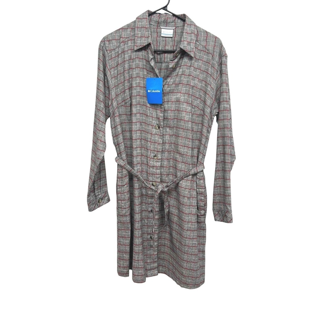 Columbia Molly Hideaway Flannel Belted Shirt Dress Gray‎ Plaid Small Long Sleeve